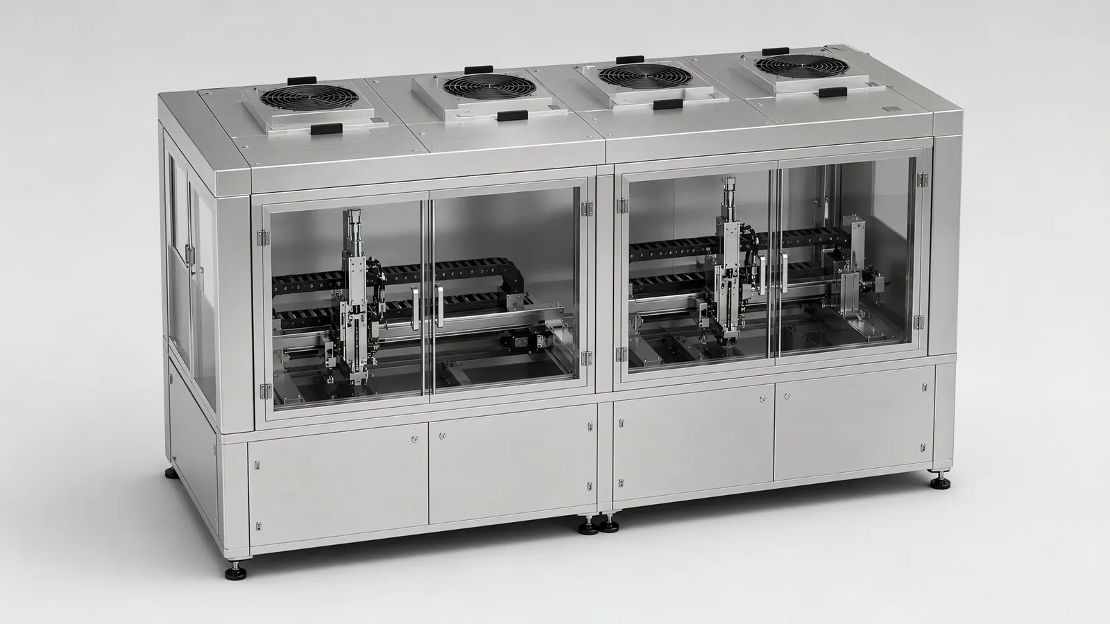 Cleanroom automation machine with a stainless enclosure, four roof fan filter units and glazed doors over two gantry modules