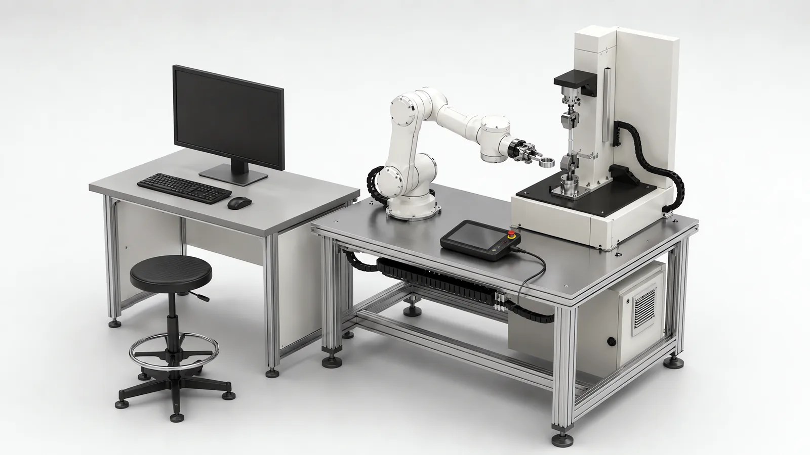 Collaborative robot arm on an aluminium bench loading a small part into a bench-top test instrument with no fence around it, a teach pendant and emergency stop beside it, and an operator desk and stool immediately adjacent