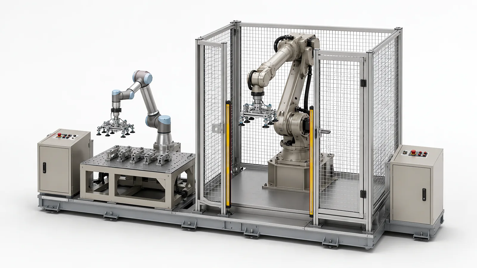 Two robot cells on one base for comparison: a collaborative arm working openly over a fixture table on the left, and a larger six-axis industrial arm inside a mesh fence with light curtains at the door on the right, both carrying similar vacuum tools