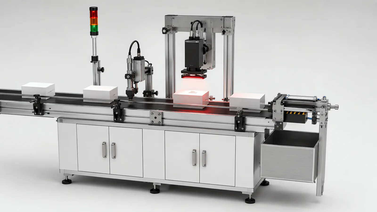 Code verification station on a conveyor: a fixed-mount code reader on an adjustable bracket with a red bar light illuminating a carton beneath it, a print head just upstream, a pneumatic reject arm with a quarantine bin, and a stack light on the frame
