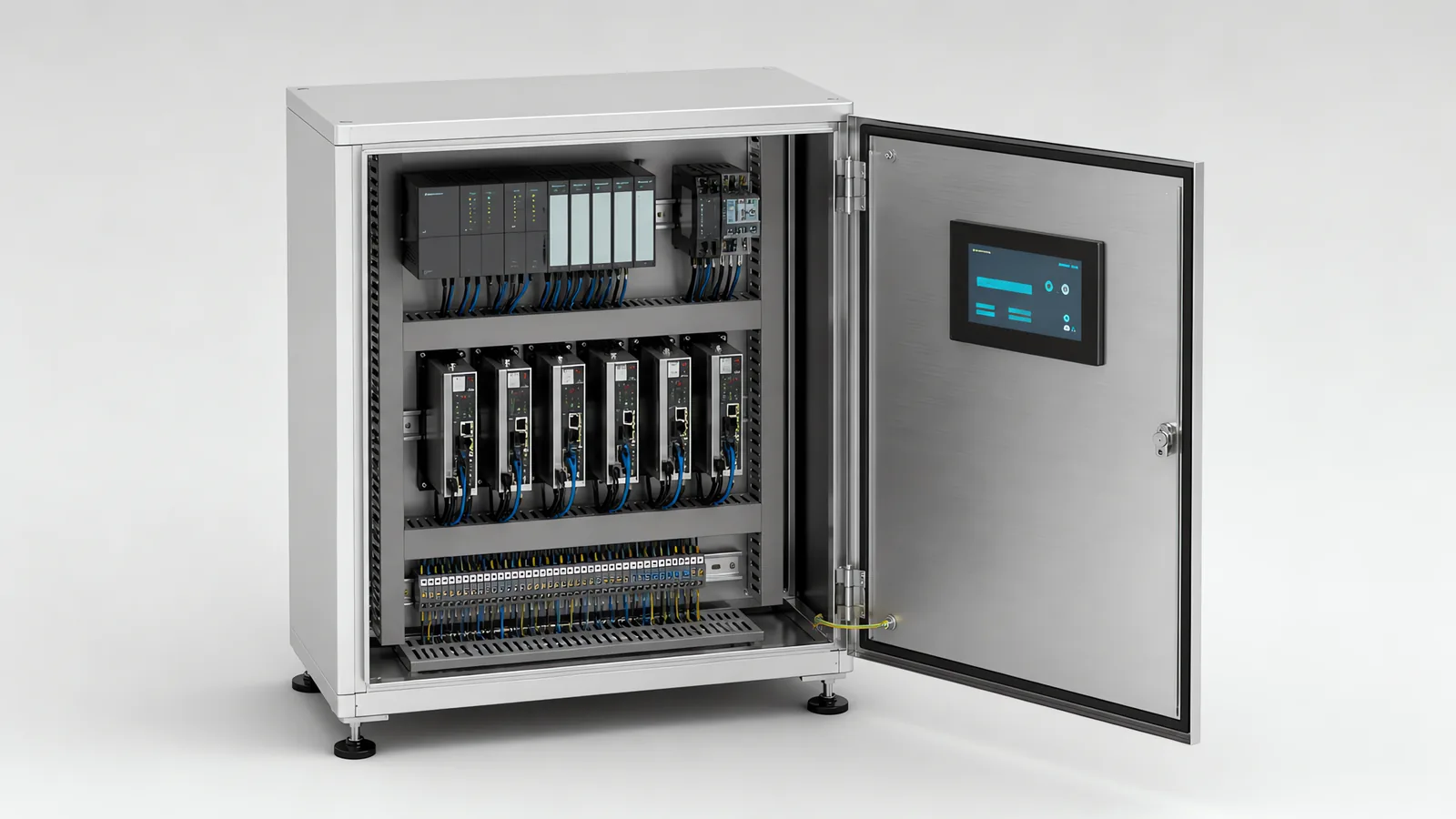 Machine control cabinet opened to show a PLC rack, a row of servo drives and terminal blocks, with an HMI on the door
