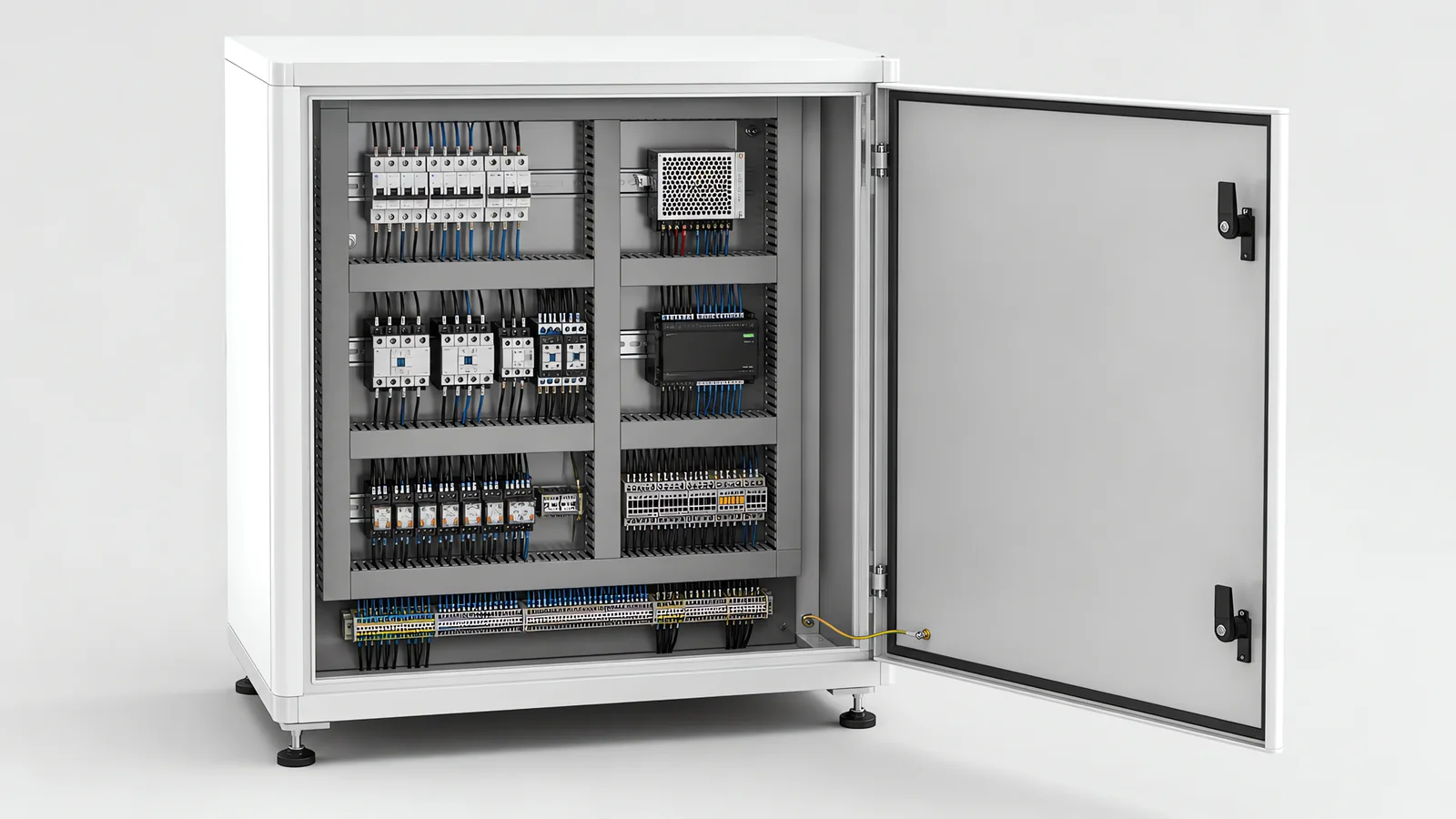 Electrical control panel photographed with the door open: a back panel laid out with grey wire ducting, circuit breakers and contactors on DIN rails, a power supply, a compact controller and terminal rails along the bottom, with an earth bond strap to the door