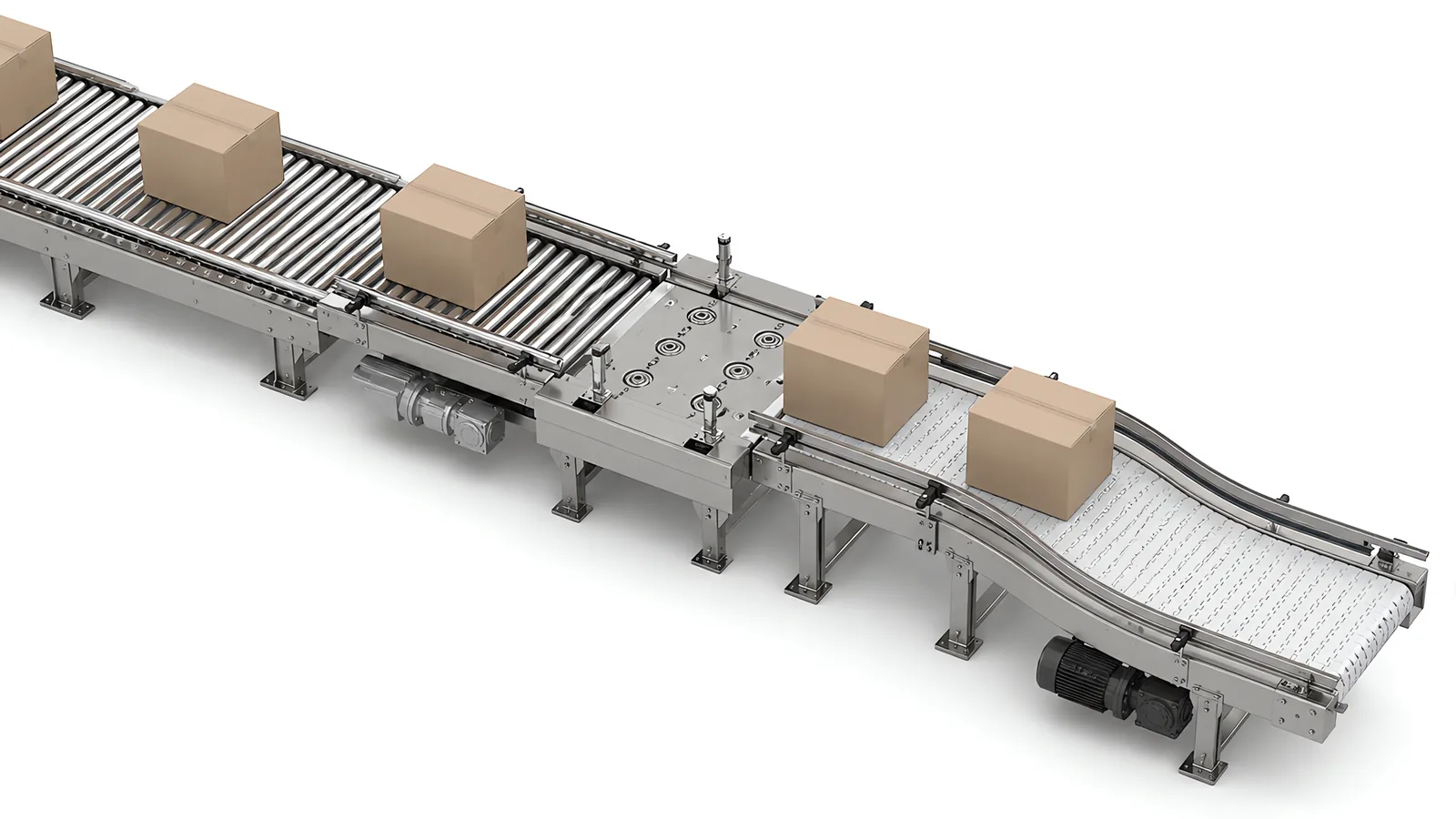 Conveyor junction: a motor-driven roller accumulation section carrying cartons without back pressure, a right-angle transfer with a pop-up ball table at the intersection, and a modular plastic belt curve leaving to one side