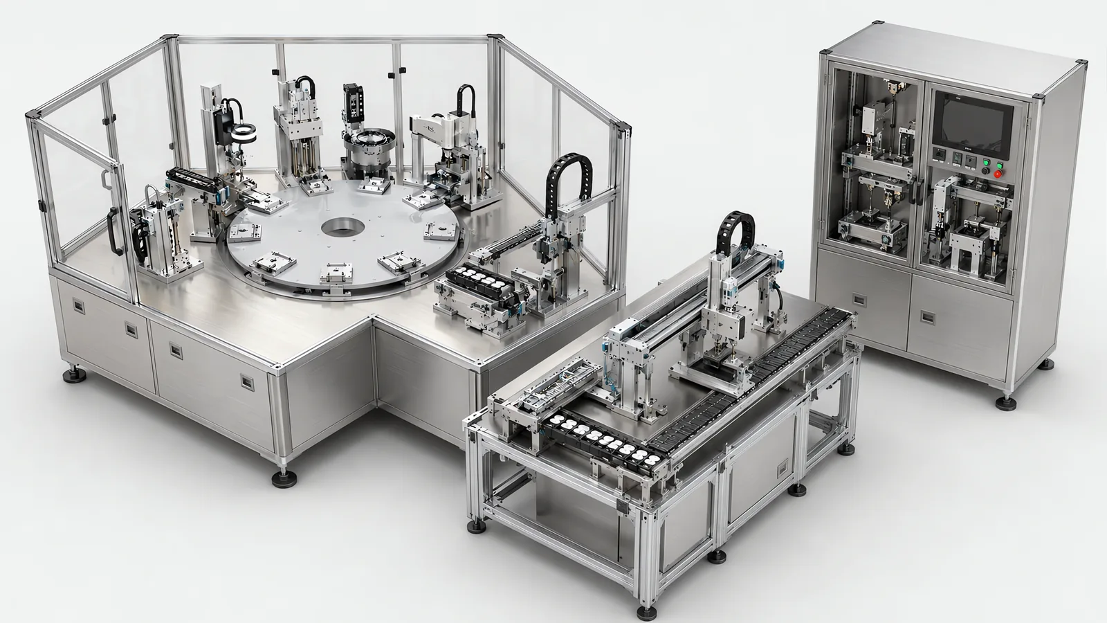 Three different custom machines on one factory floor: a guarded rotary dial assembly machine, a linear conveyor station with a small gantry above it, and an enclosed two-level test cabinet with an operator screen