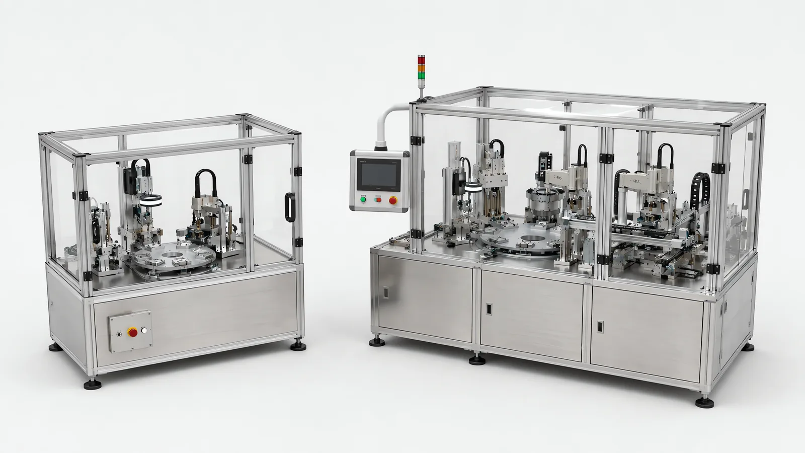 Two assembly machines side by side for comparison: on the left a small single-station benchtop unit with a simple guard and one control button, on the right a larger purpose-built rotary machine with several stations, an HMI on a swing arm and a stack light