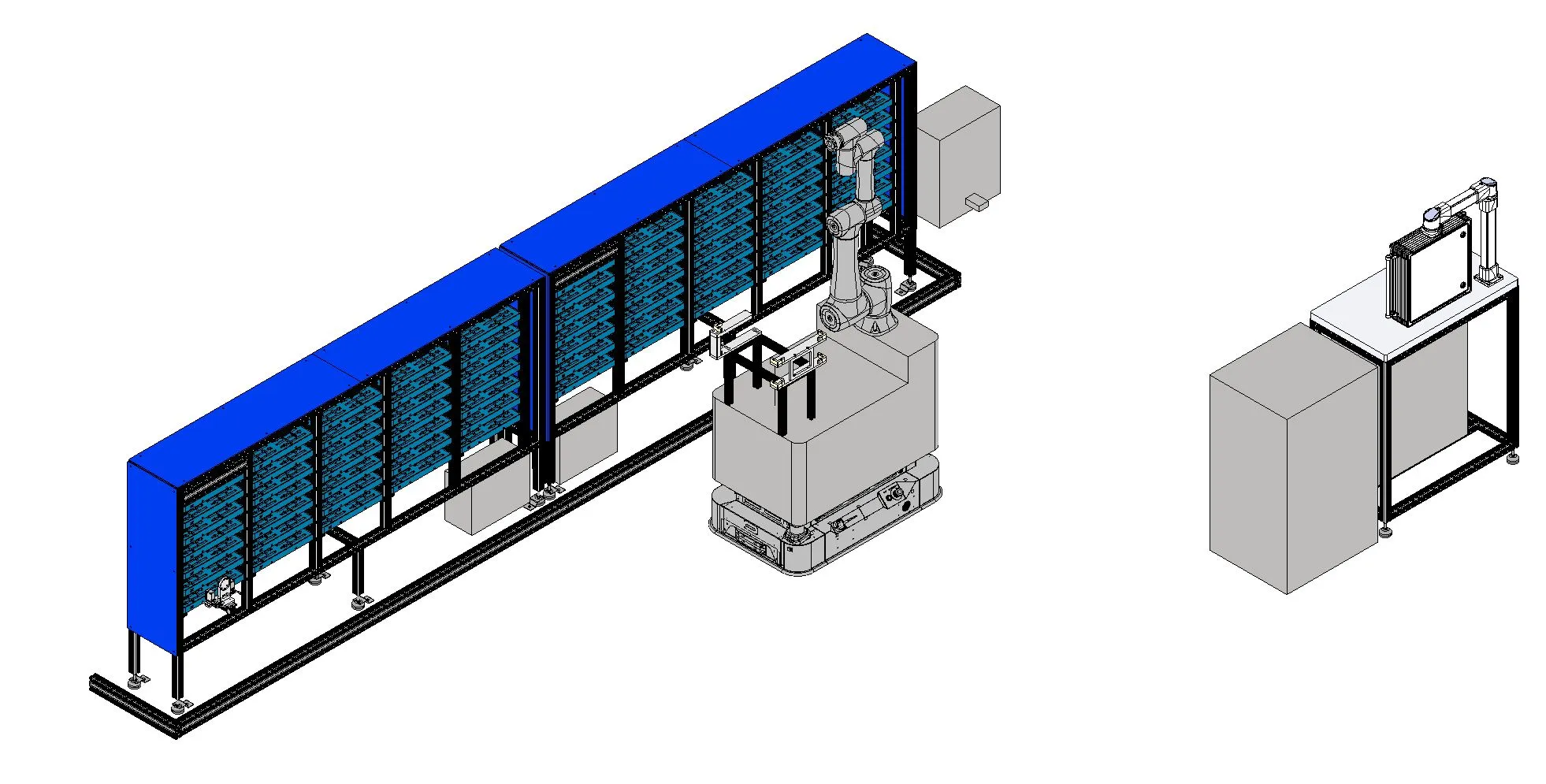 Concept render of an automated tray storage wall with a mobile manipulator in front of it, a control cabinet, and a separate bench station carrying a small robot arm