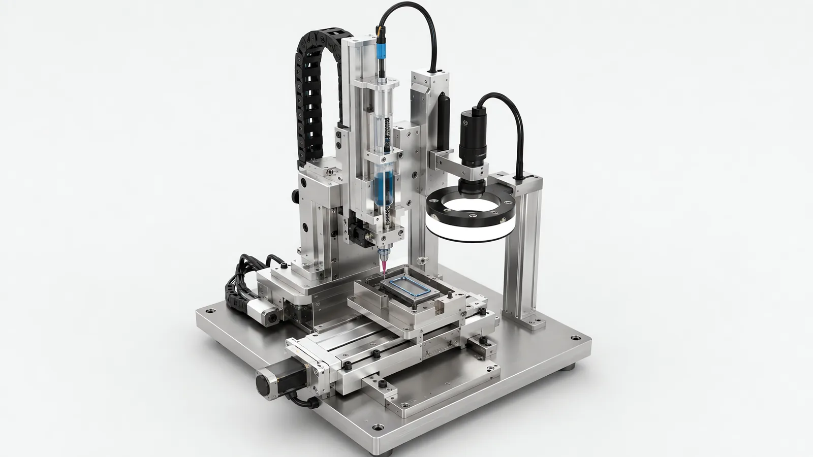 Adhesive dispensing station: a three-axis stage carrying a dispensing valve with a fine needle over a part held in a nest, a syringe reservoir mounted on the vertical axis, and a camera with a ring light inspecting the bead