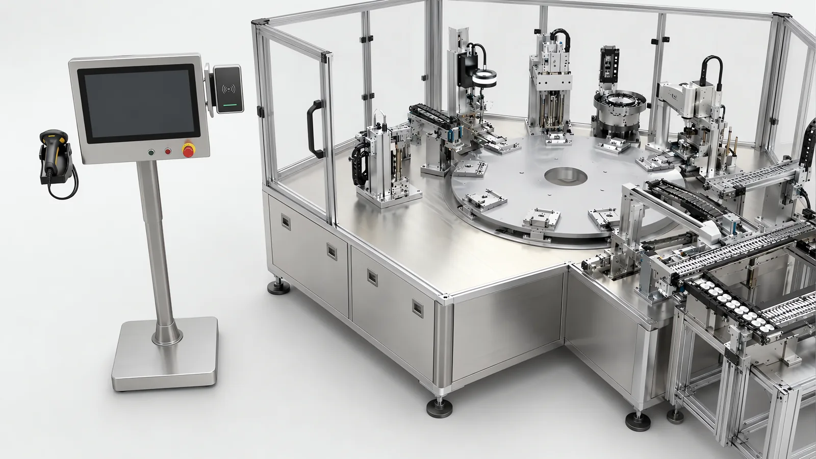 Production HMI terminal with operator badge reader and barcode scanner beside a guarded rotary assembly machine