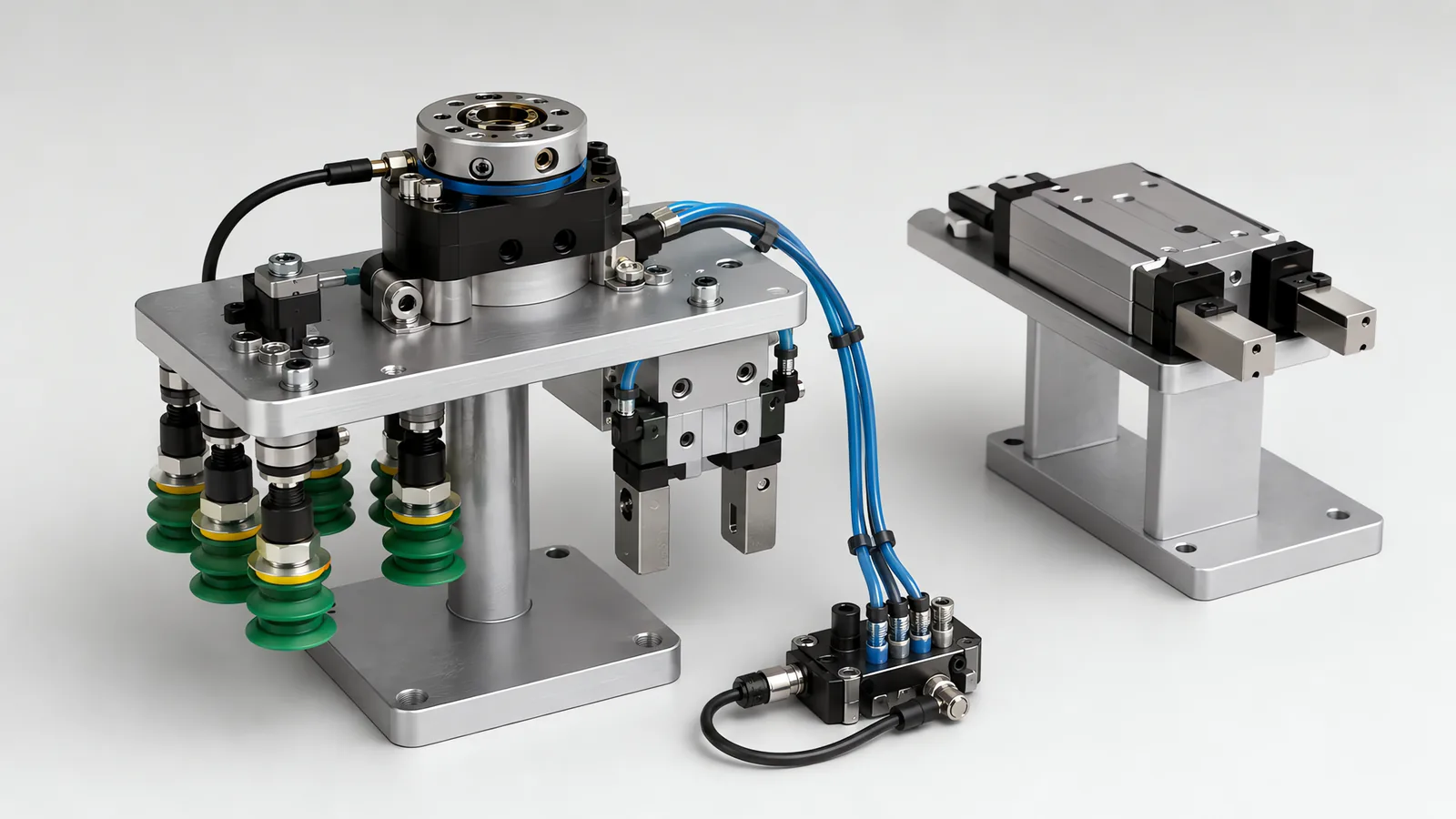 Robot end-of-arm tool on a stand: a tool plate with a quick-change coupling, an array of bellows vacuum cups, a two-finger pneumatic gripper, air tubing routed to a valve manifold, and a second interchangeable gripper on a stand alongside