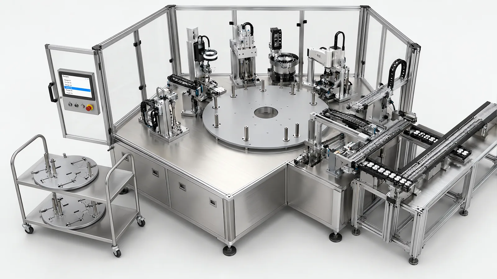 Filling machine mid-changeover with the guard door open, tool-free nest plates lifted onto a stainless trolley and an HMI showing the recipe list