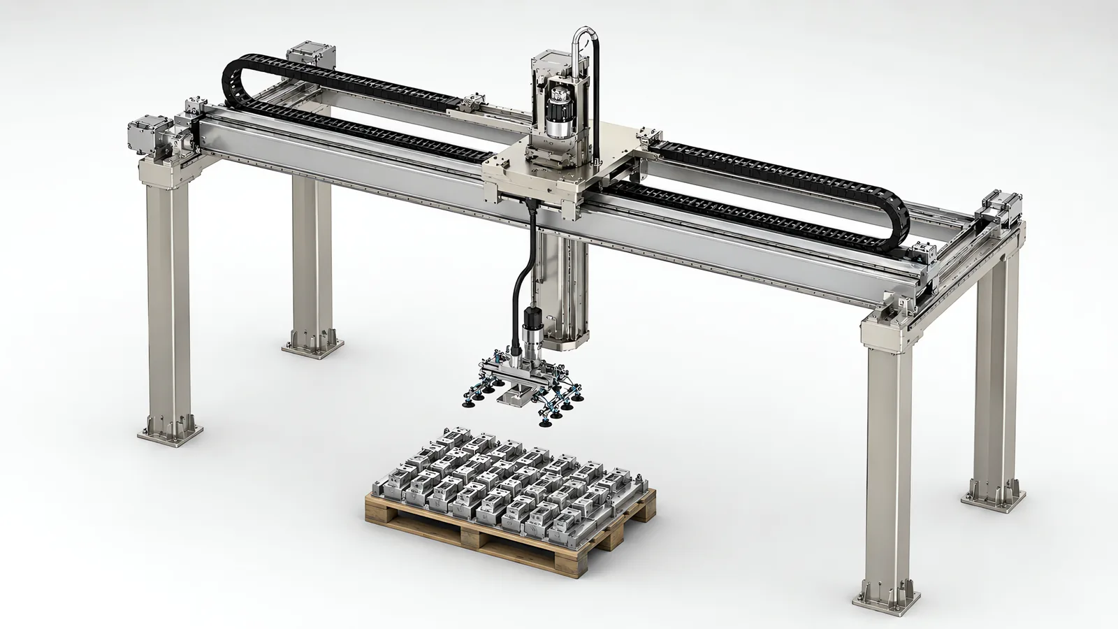 Double-beam linear gantry robot: two parallel beams carried on four columns, a cross carriage spanning them, a vertical Z column lowering a multi-cup vacuum tool toward a pallet of machined parts, and energy chains running along both beams