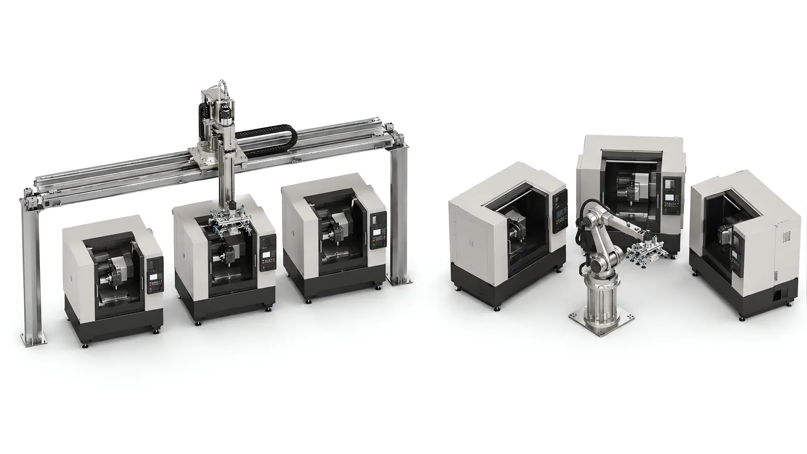 Two machine tending arrangements compared: on the left an overhead gantry beam spanning three CNC lathes in a row with a vertical Z column reaching into one, on the right a single six-axis robot on a pedestal with three machines arranged around it in an arc