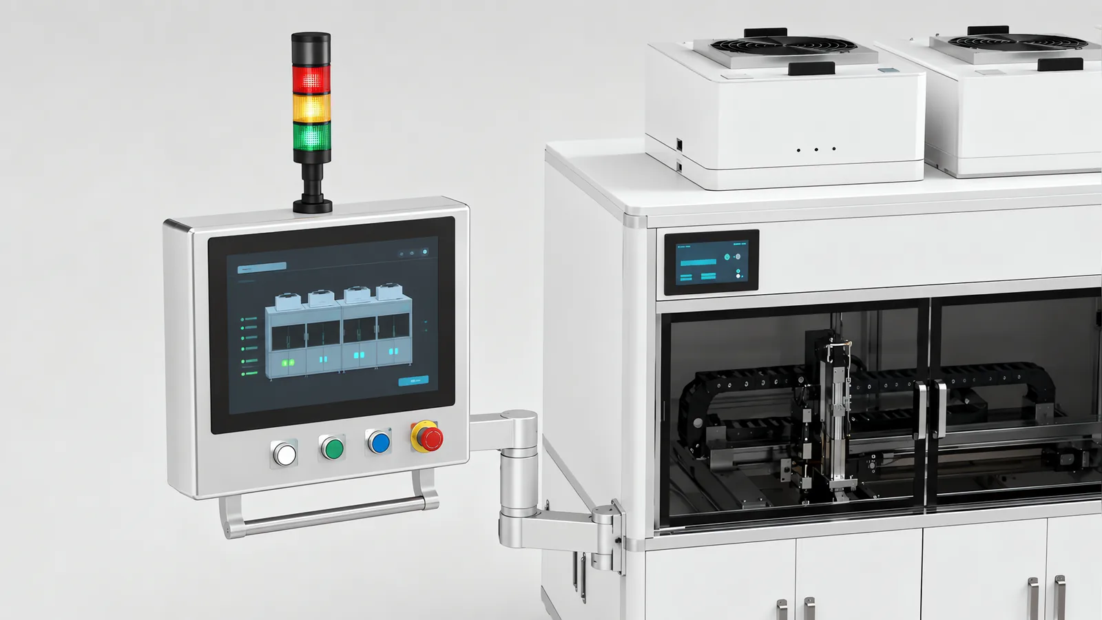 Machine operator station: a touchscreen HMI on a swing arm showing coloured station status blocks, with illuminated pushbuttons and an emergency stop below