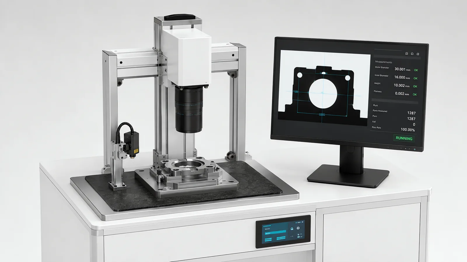 Inline dimensional measurement station: a machined part held in a precision nest on a granite base, a telecentric lens and camera on a vertical column above it, a laser displacement sensor on a bracket alongside, and a monitor showing measured dimensions with pass status