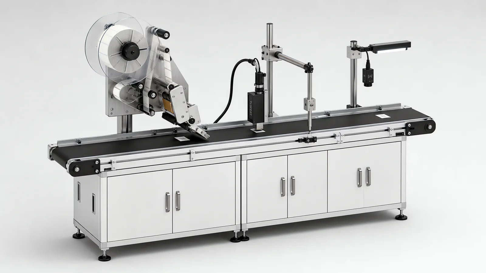 Labelling and coding station on a conveyor with a wrap-around label applicator, thermal inkjet print head and code-reading camera with bar light