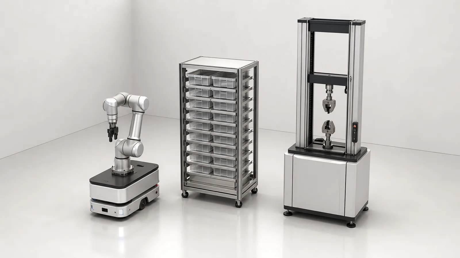 Laboratory automation cell with a mobile robot carrying a collaborative arm, a sample tray rack and a tensile tester