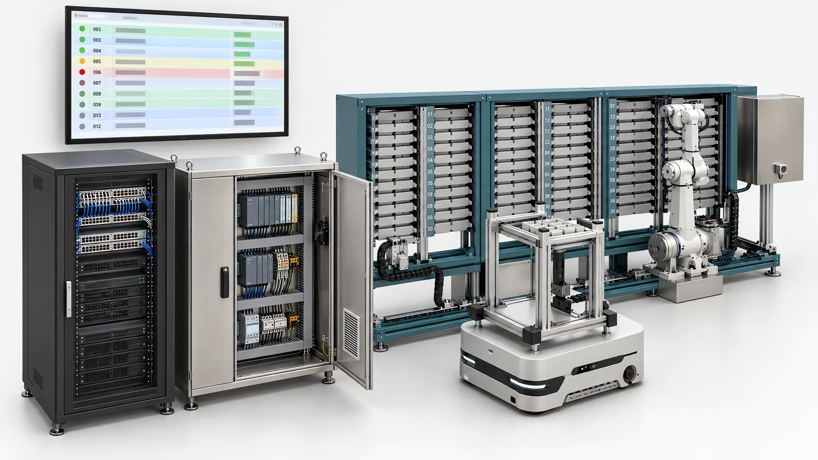 Laboratory automation scheduling layer: a server cabinet beside a machine control cabinet, a wall screen showing the queue, and a mobile robot docked at a rack