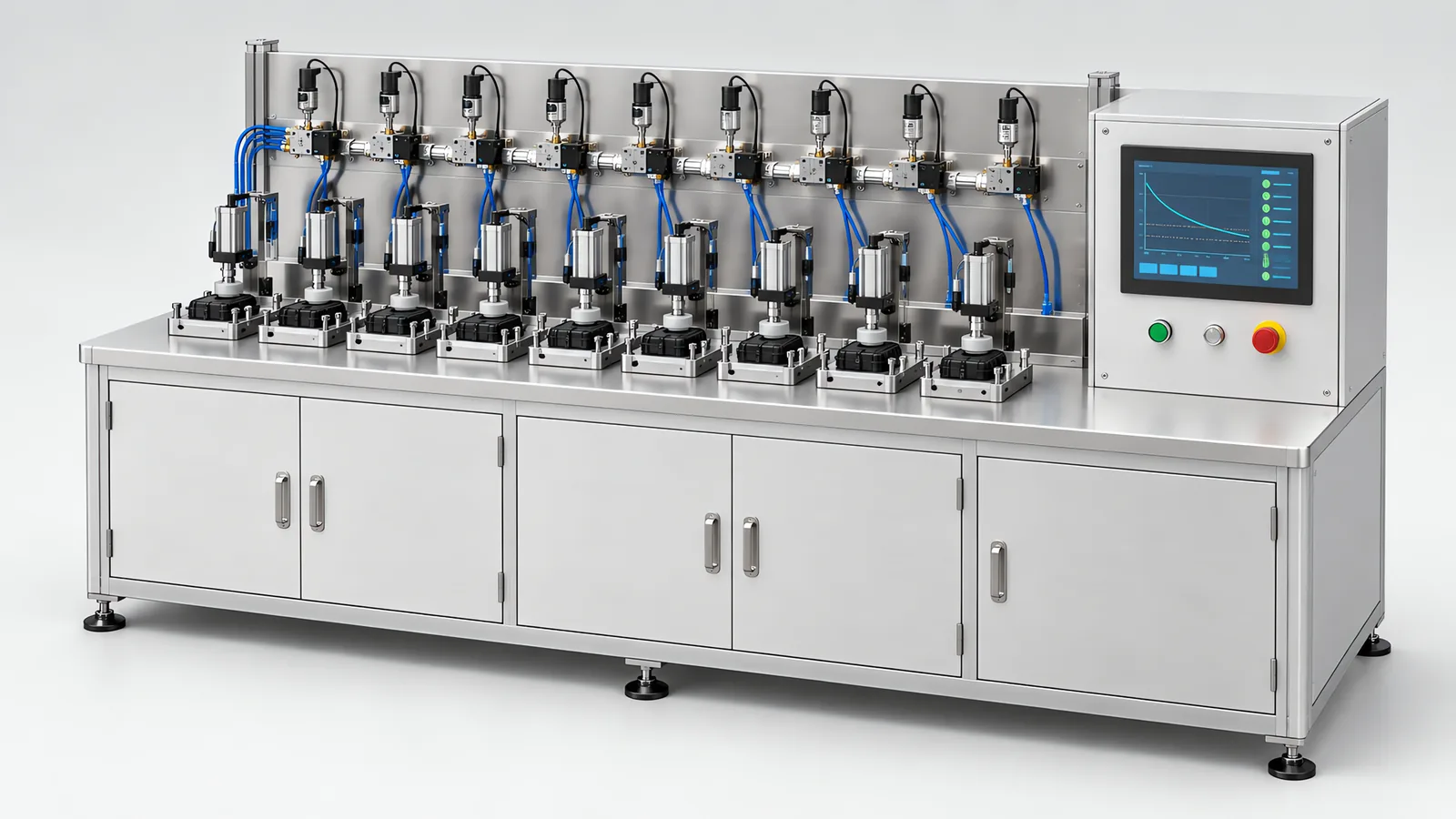Multi-channel leak testing machine: nine sealing fixtures in a row with pneumatic clamps, a manifold of pressure transducers behind them and a decay trace on screen