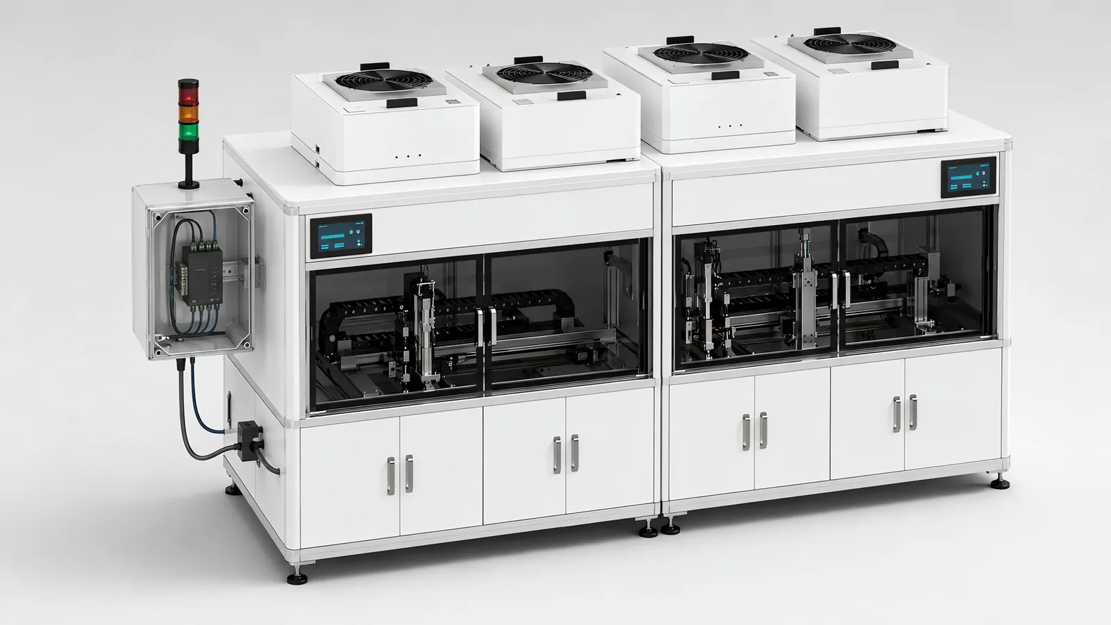 A data acquisition gateway added to an existing production machine: a compact controller on a DIN rail inside a clear-fronted enclosure bolted to the machine frame, signal leads running to a stack light on a post, and a network cable leaving the enclosure