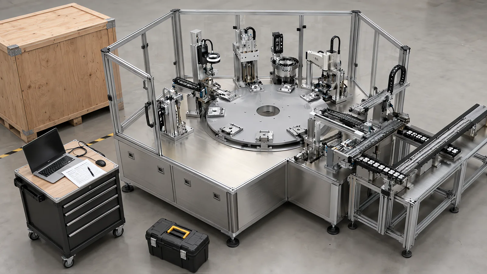 A custom rotary assembly machine undergoing factory acceptance testing on an assembly floor, with an engineer's laptop and a printed test checklist on a tool trolley beside it, a toolbox on the floor and a wooden shipping crate standing ready behind