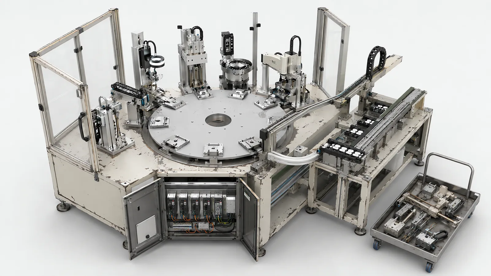 A worn older rotary assembly machine mid-retrofit: the original painted frame and dial still in place, a lower panel opened to expose a new cabinet of modern drives, fresh cable trunking routed along the frame, and removed components resting on a trolley alongside