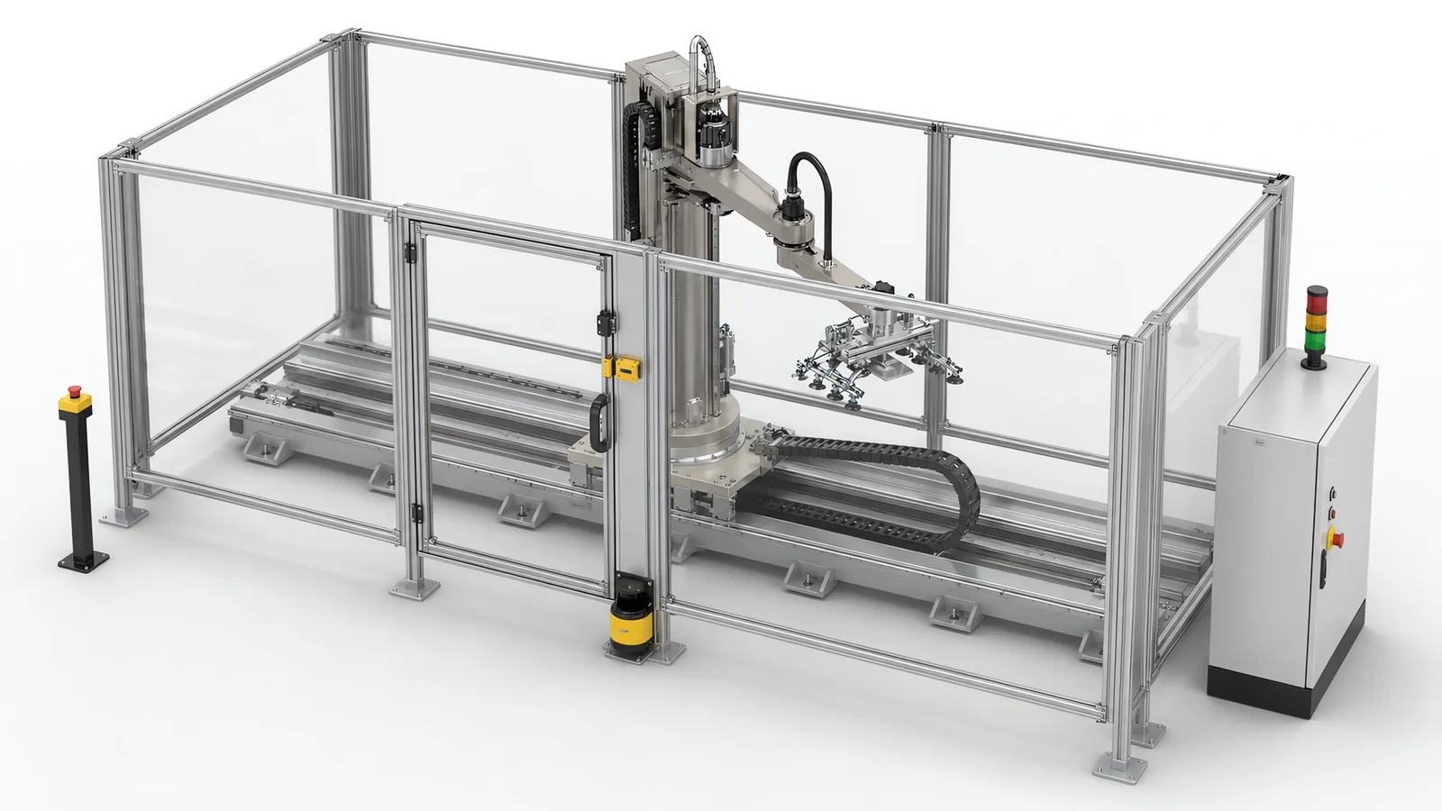 Guarded robot cell: a column robot on a linear track inside polycarbonate fencing, with an interlocked access door, a safety laser scanner and a stack light