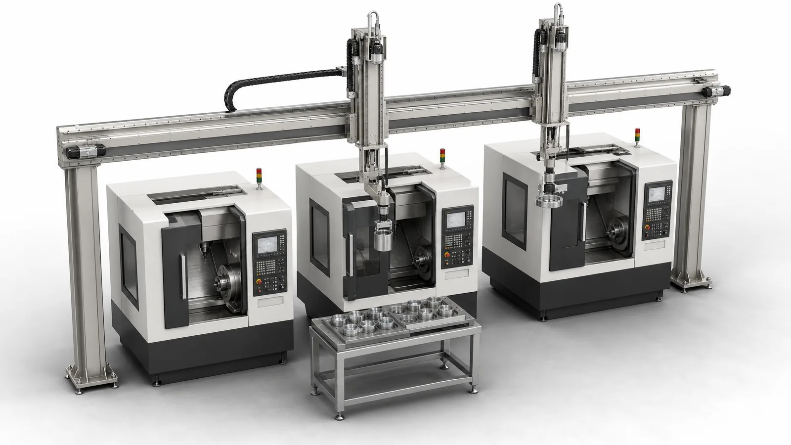 Linear gantry spanning three CNC lathes, two independent Z columns on the beam with one lowering a gripper into an open machine door while the other holds a part, and a tray of turned blanks on a stand below