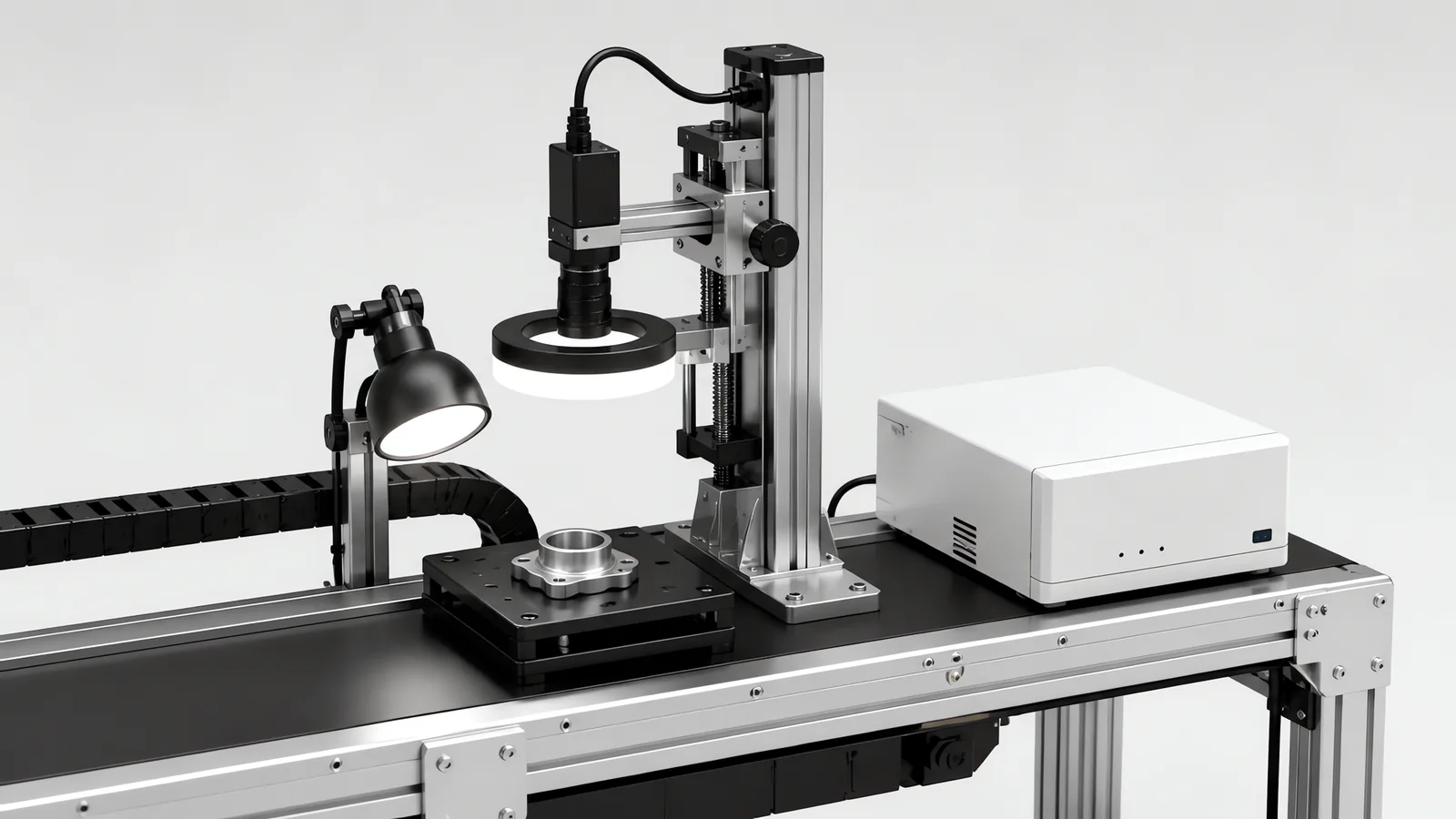 Machine vision inspection station with an area-scan camera on an adjustable column, LED ring light and controller