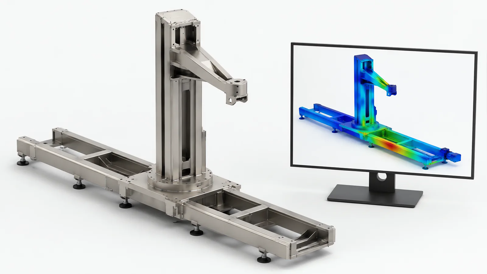 A bare welded machine frame with a column and cantilever arm on levelling feet, beside a monitor showing the same structure as a colour-mapped stress plot with the highest deflection at the beam mid-span
