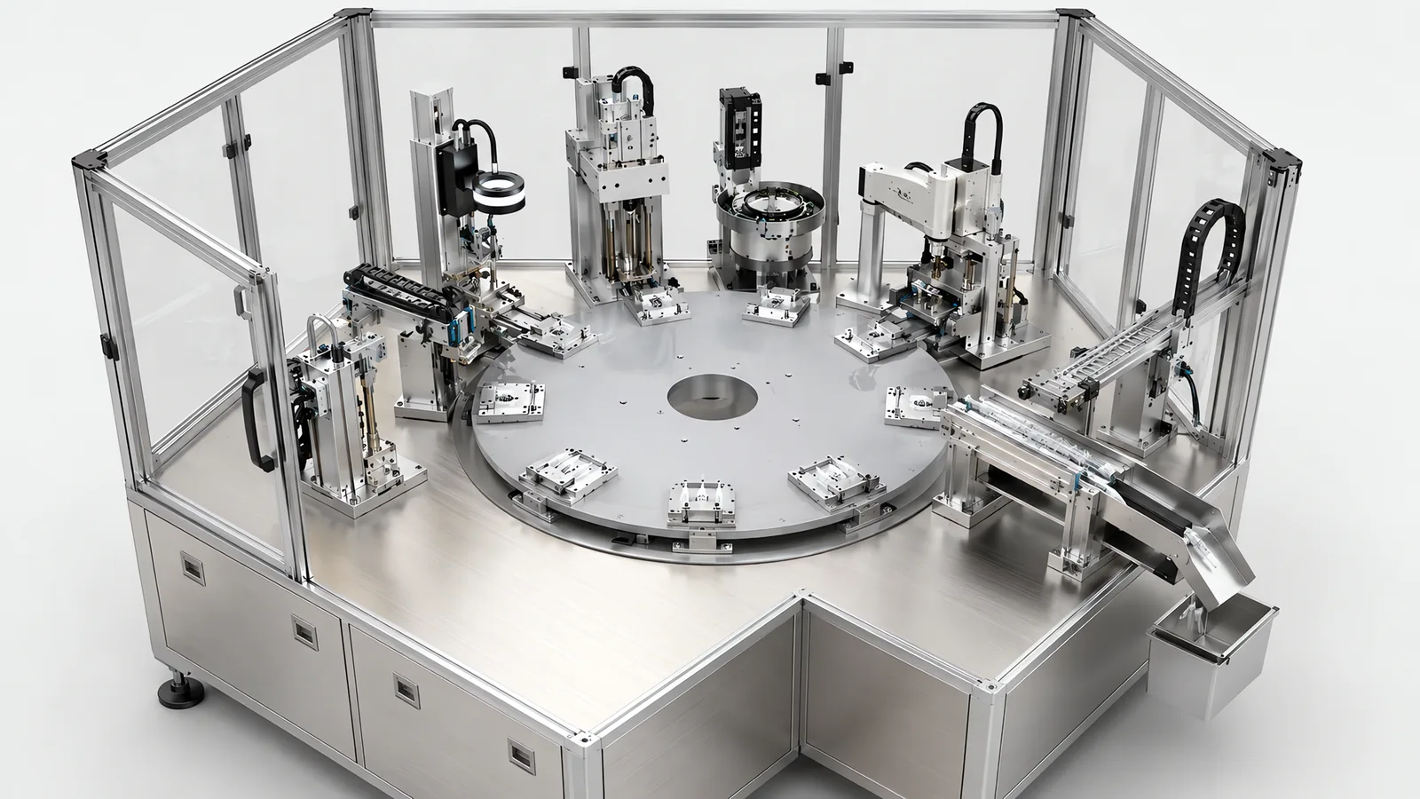 Rotary indexing medical assembly machine inside a clear guard: a circular dial carrying nests, servo press stations above two of them, a camera station with a ring light, and a reject chute feeding a bin at the outfeed