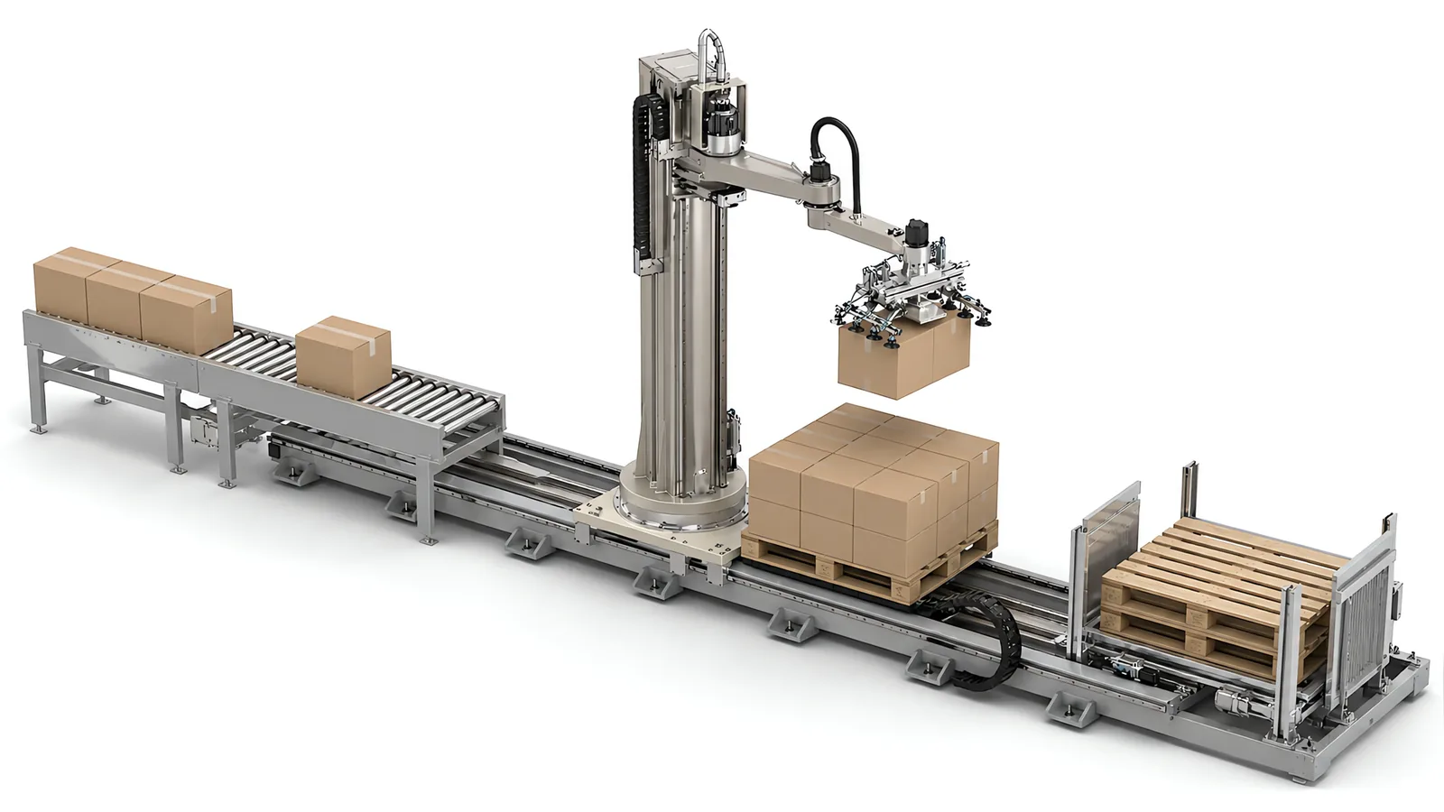 Automated palletizing system in Singapore placing a carton onto a pallet stack, with an infeed roller conveyor