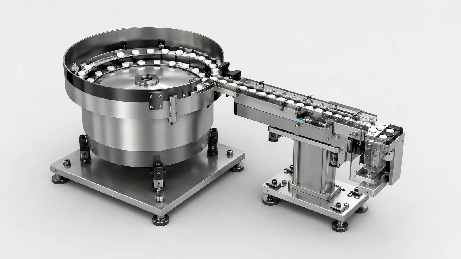 Vibratory bowl feeder assembly: a stainless bowl on an isolated base with a spiral track climbing its inner wall, caps arranged in single file on the track, an inline linear feeder carrying them away and an escapement with a pick nest at the end