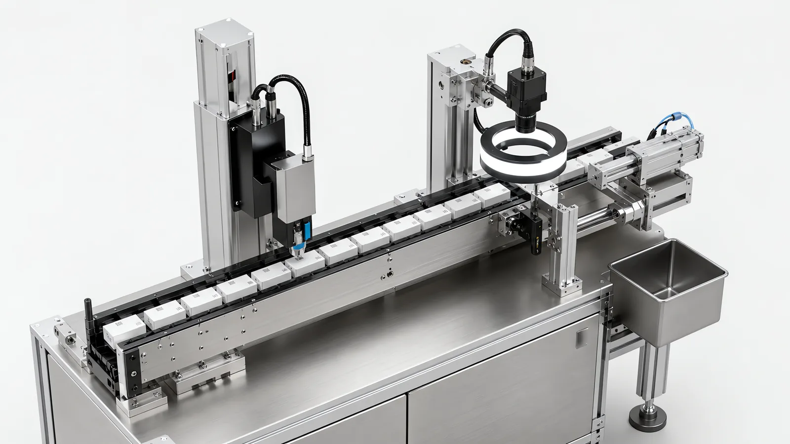 Concept render of a pharmaceutical serialization station: inkjet print head over a carton conveyor, code-reading camera downstream and a pneumatic reject pusher