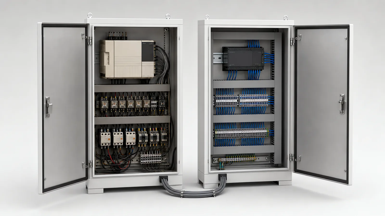 Two electrical control cabinets side by side with both doors open: on the left an older bulky controller above rows of electromechanical relays and contactors, on the right a compact modern controller on a DIN rail above rows of slim terminal blocks with combed wiring, and a cable loom running between them