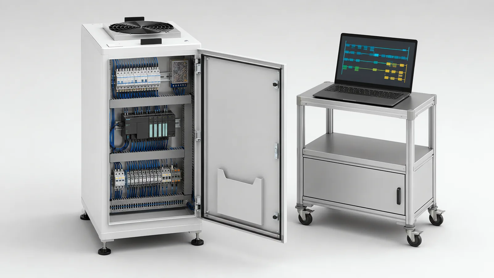 Control cabinet with its door open beside an engineering trolley: a compact controller on a DIN rail with combed blue wiring, circuit breakers above and terminal rails below, and a laptop on the trolley showing a colour-blocked control program