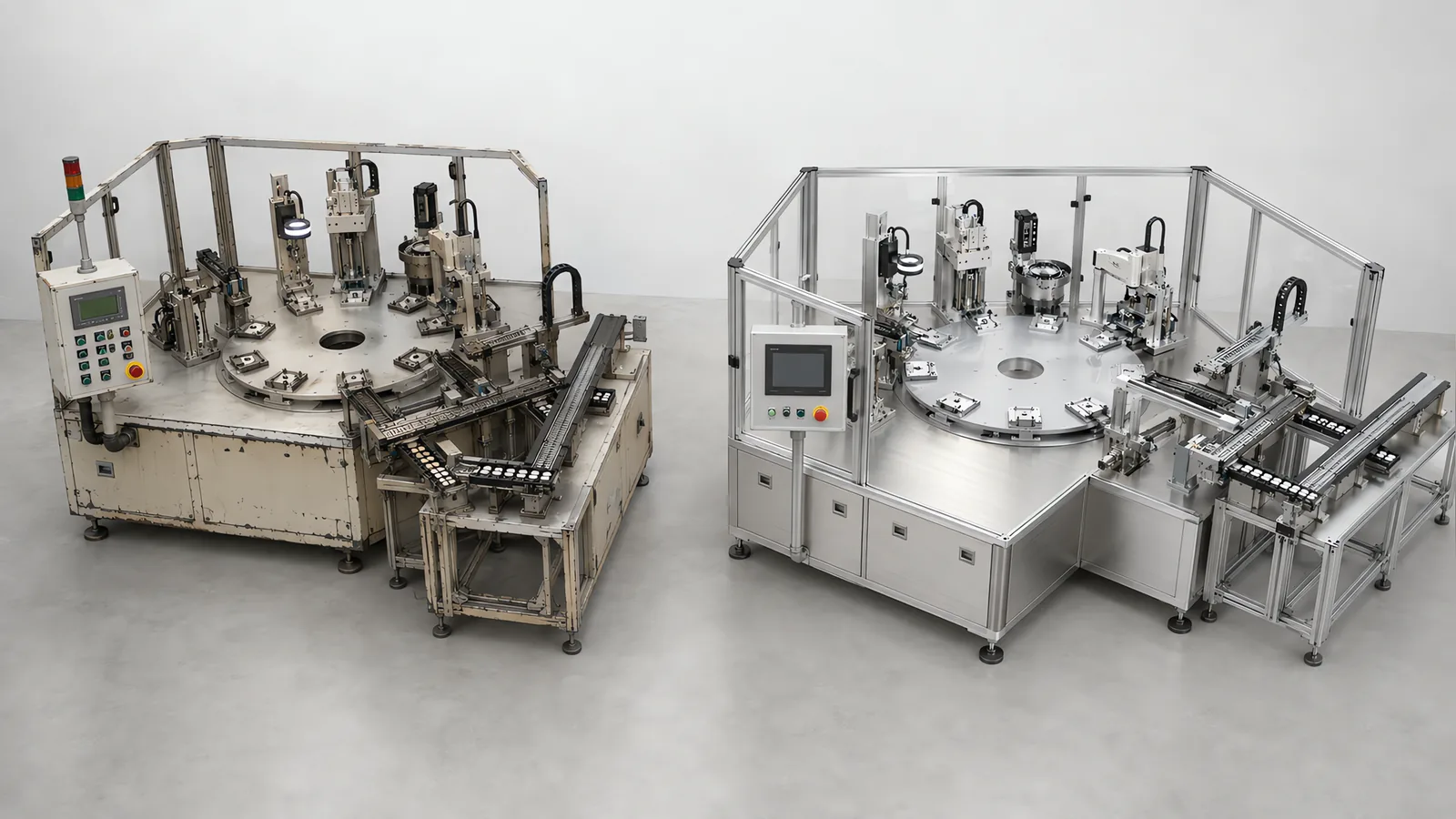 Two rotary assembly machines of similar size side by side on a factory floor: on the left a worn older machine with a yellowed painted frame and a dated pushbutton control box, on the right a new stainless machine with a modern enclosure and touchscreen HMI