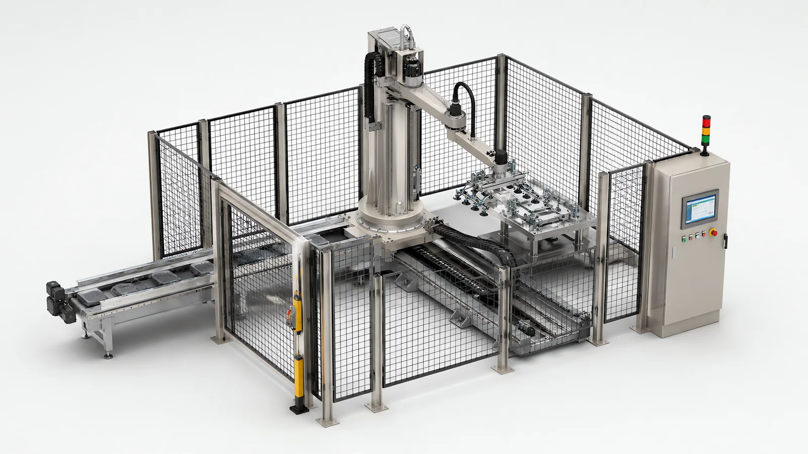 Fenced robot cell with a column-mounted arm on a linear axis carrying a multi-cup vacuum tool, an infeed conveyor of parts entering on the left, a fixture plate inside the cell and a control cabinet with HMI and stack light outside the fence