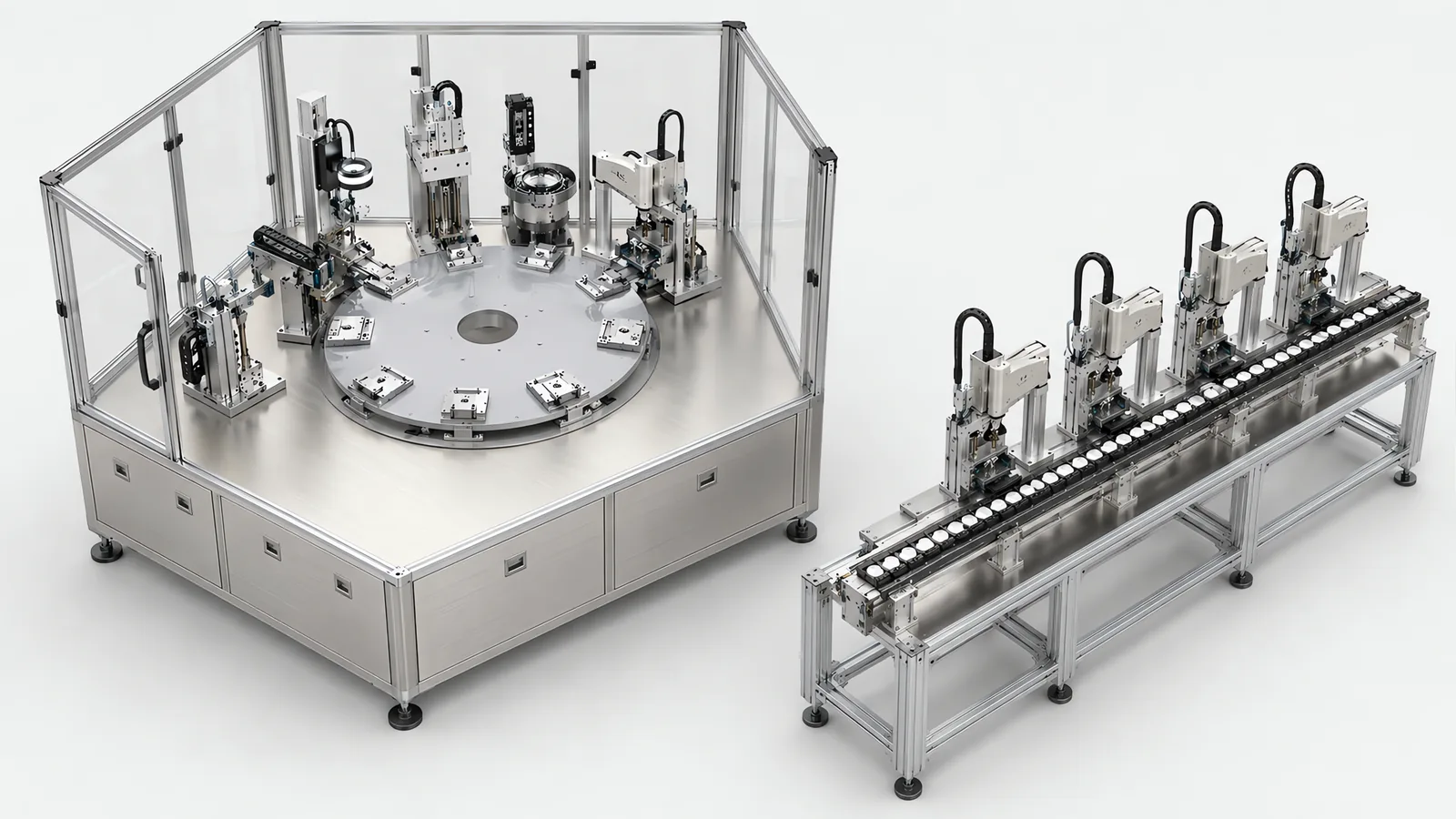 Two assembly architectures side by side: on the left a rotary indexing dial with stations arranged around a circular table inside a guarded enclosure, on the right a straight inline conveyor with four separate pick-and-place stations in a row