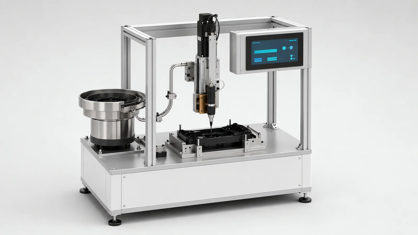 Automated screwdriving station: a servo screwdriver spindle on a vertical actuator descending onto a housing held in a nest, a screw feeder bowl with a delivery tube running to the driver head, and a display module on the frame