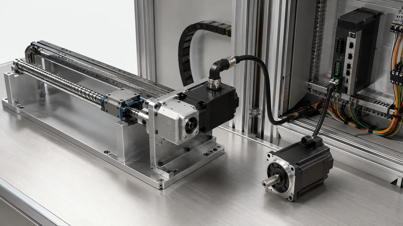 A machine axis being re-motored: an existing ballscrew and linear guide assembly on a machined bracket with a new servo motor and gearhead bolted to its end, the encoder cable routed to a drive in an open cabinet alongside, and the removed original motor set aside on the bench