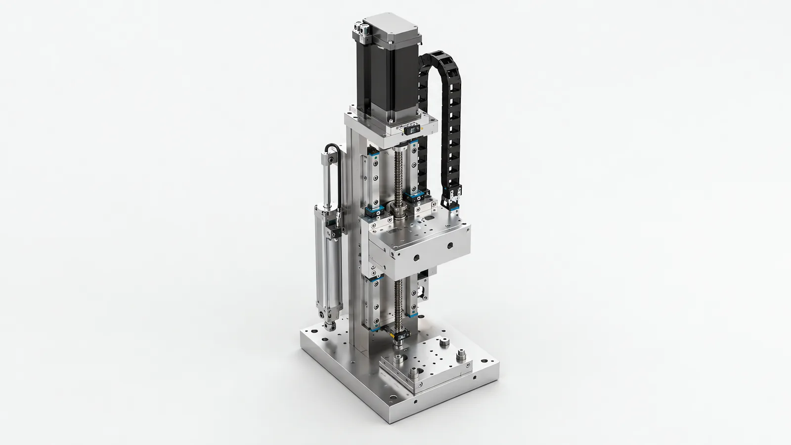 Servo-driven vertical lift stage: a ballscrew column with a servo motor and gearhead on top, a linear-guided platform carrying a machined tooling plate, a counterbalance cylinder alongside the column and a cable chain following the platform up its travel