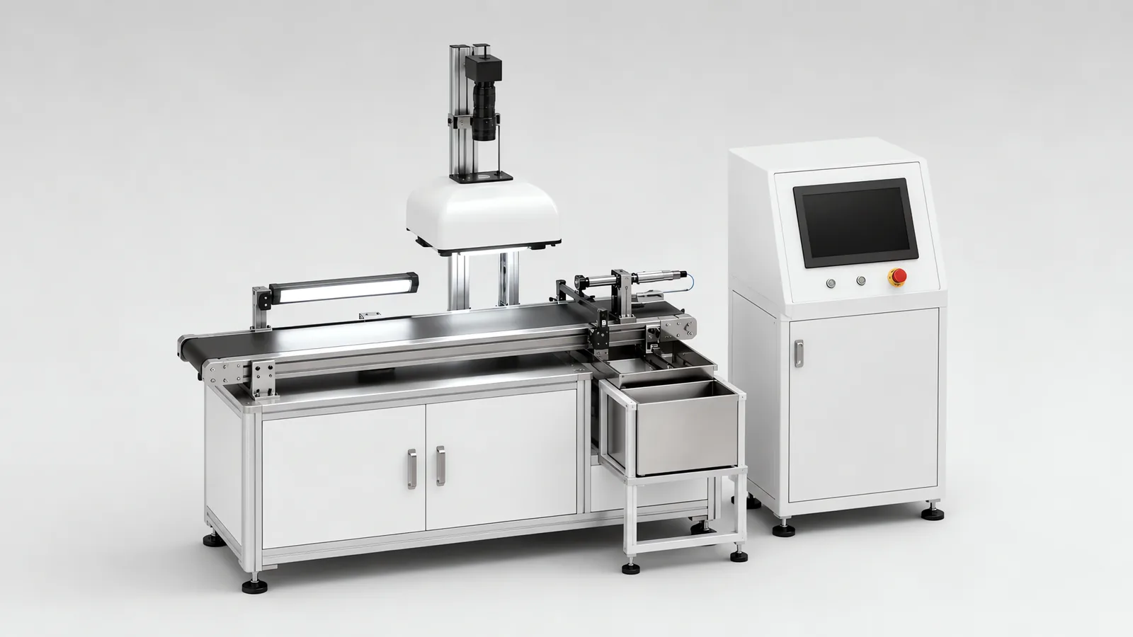 Surface inspection station over a conveyor: a camera on a vertical post above a white dome light, a separate low-angle bar light beside it, a pneumatic reject pusher with a quarantine bin at the conveyor edge, and a control cabinet with a touchscreen