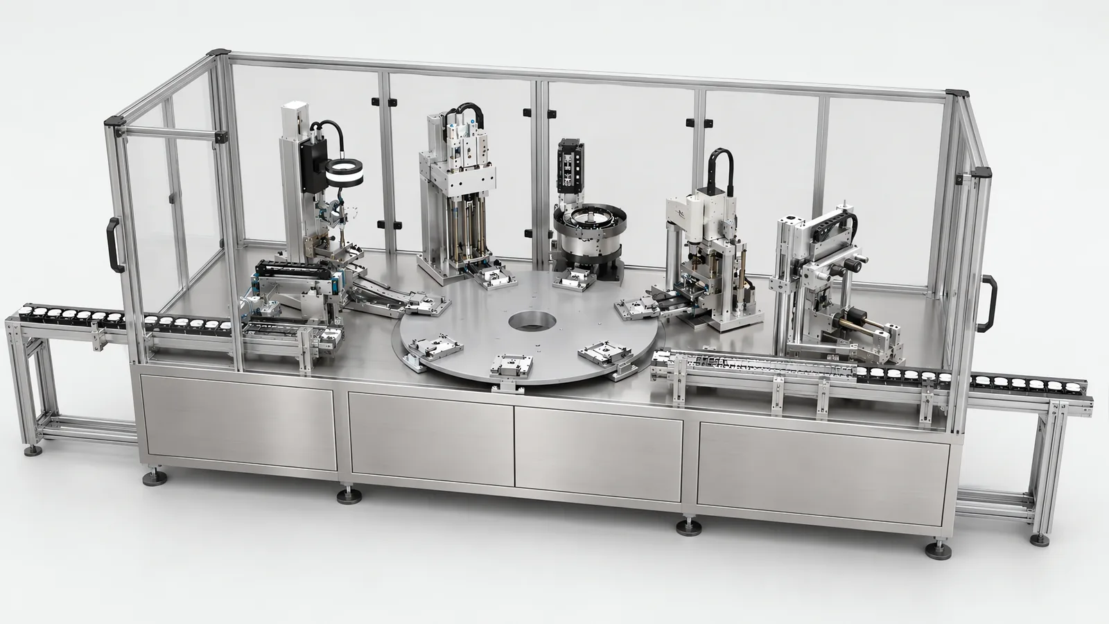 A complete production line under one guard line: an infeed conveyor of containers entering on the left, a rotary dial carrying assembly, press and camera stations, and an outfeed conveyor leaving on the right, all on one shared stainless base