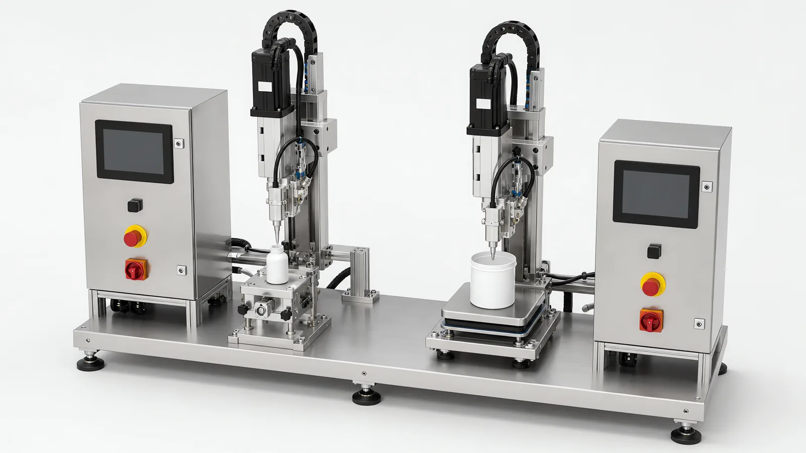 Two dosing stations side by side on one base: the left fills a bottle held in a fixed nest, the right fills a tub standing on a weigh platform, each with its own control cabinet and HMI