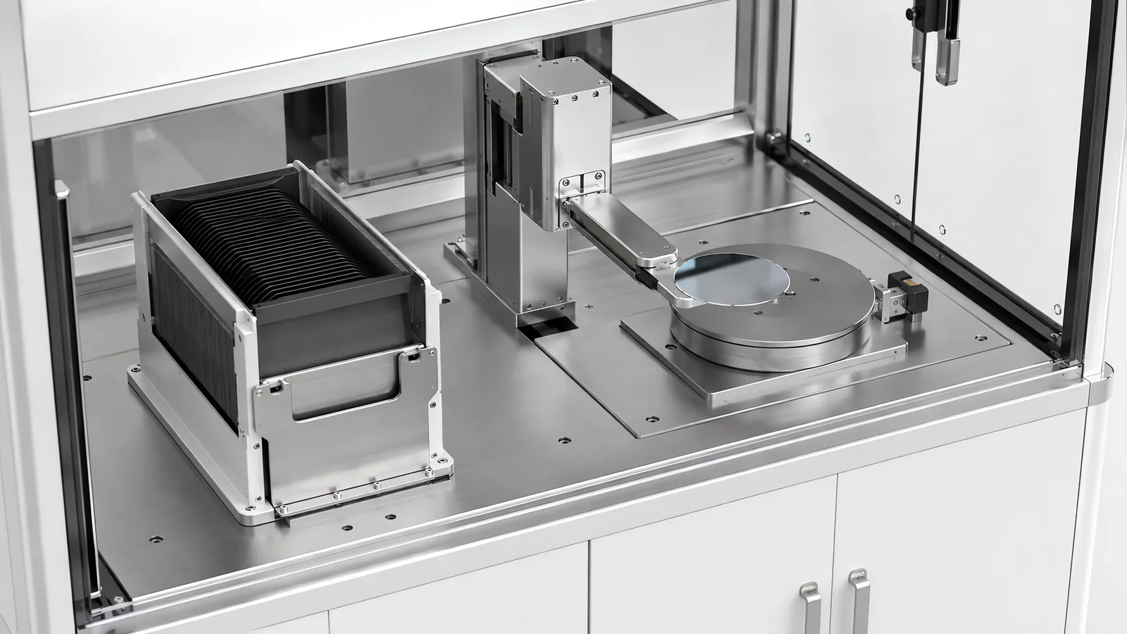 Wafer handling station inside a clean enclosure: a cassette holding slotted wafers on a load position, a thin-armed robot with a flat paddle end effector, and an aligner turntable carrying a mirror-finish wafer with a small edge sensor