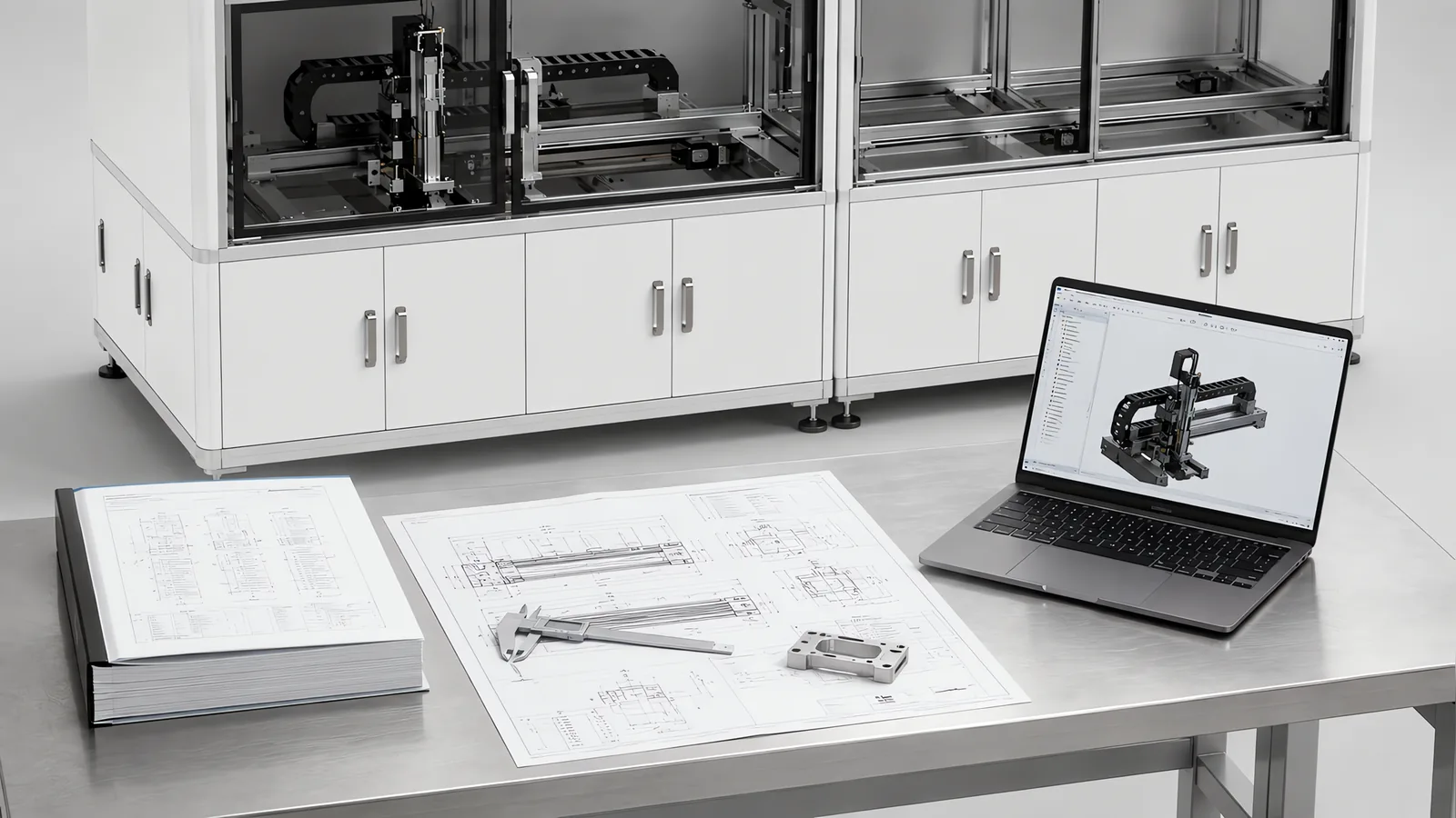 An engineering review bench beside a part-built machine: a large technical drawing spread on the table with vernier calipers and a machined sample part resting on it, a bound specification document alongside, and a laptop showing a CAD assembly of the gantry behind