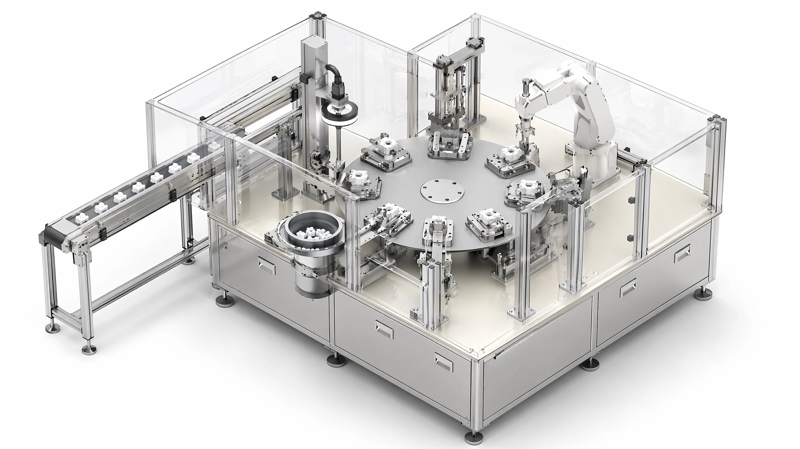 3D concept render of a multi-station rotary indexing assembly machine: a circular dial with a part nest at each division, press and inspection stations arranged around it, a bowl feeder track entering from outside the ring and a guarded enclosure, drawn to illustrate the architecture rather than to depict a delivered machine