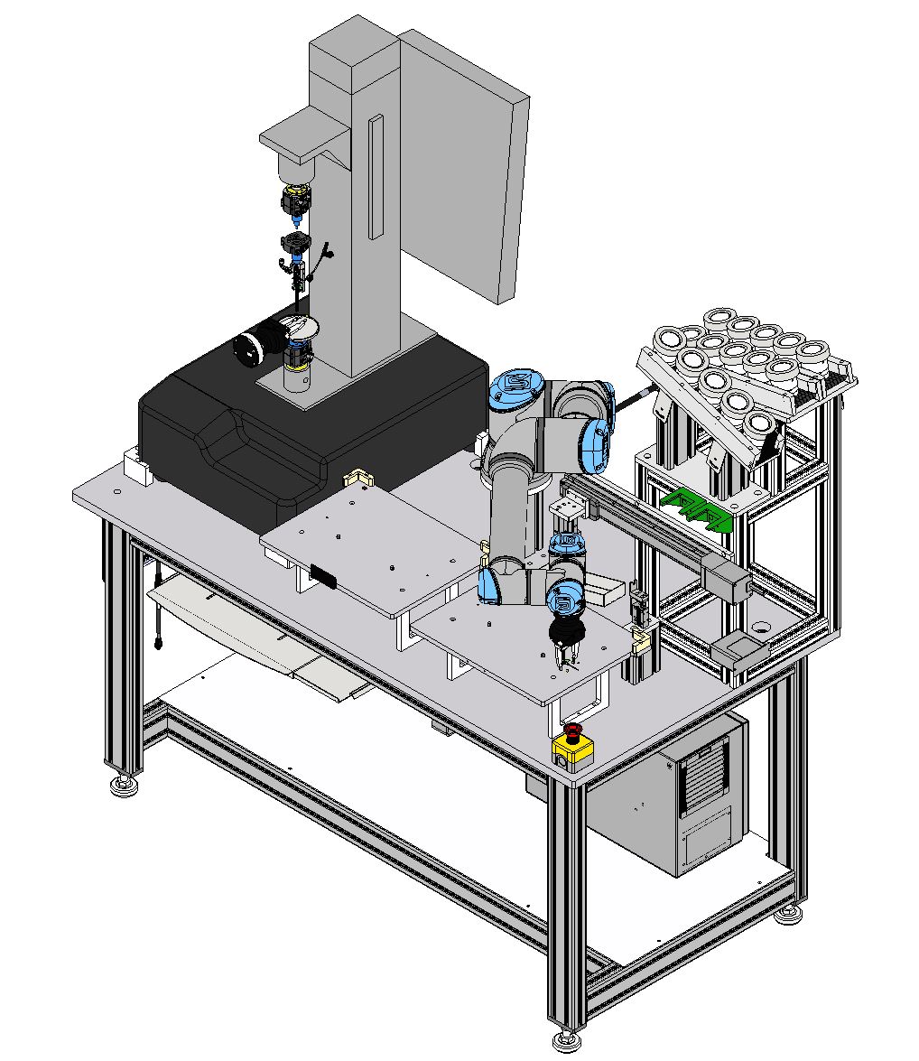 Universal Robots cobot loading test specimen into Instron universal testing machine with custom EOAT and safety guarding