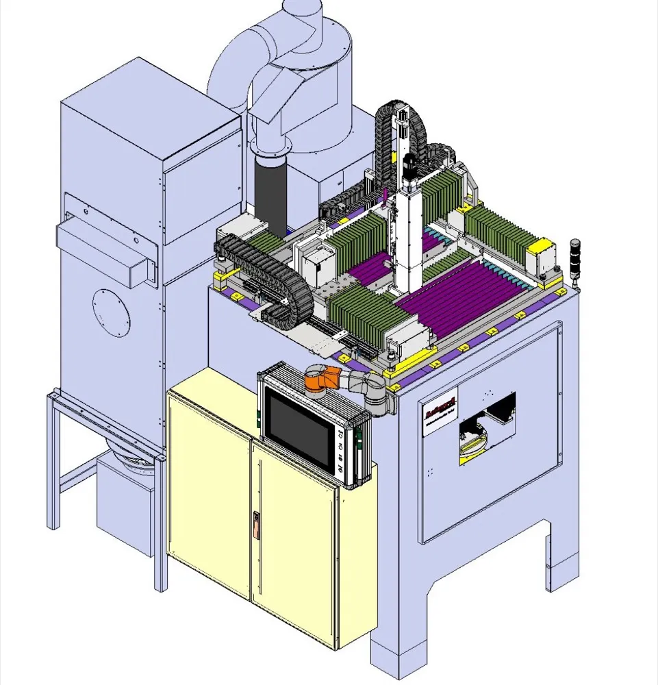 5-axis CNC shot peening machine for aerospace turbine blade surface treatment with G-code controlled nozzle positioning