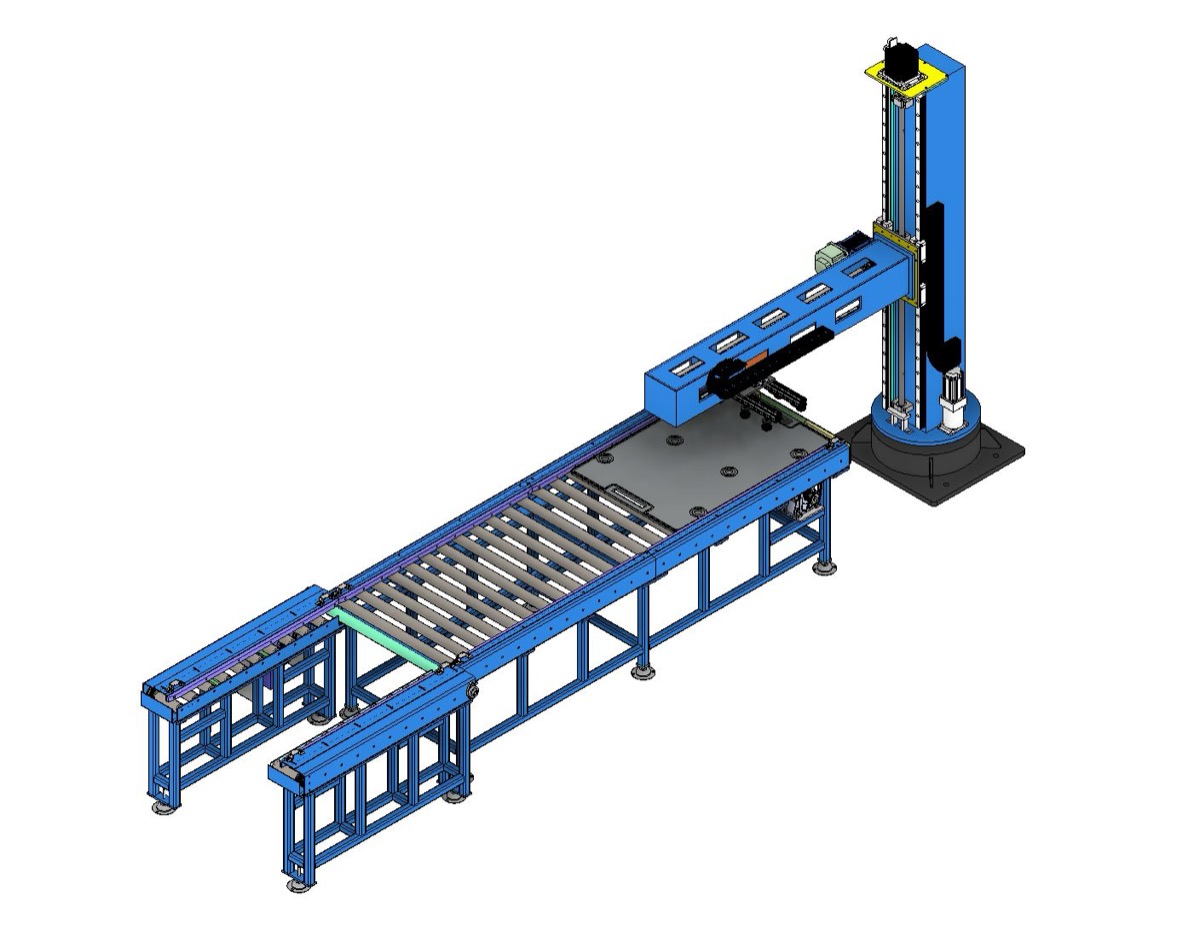 Palletizing robot system for food and beverage end-of-line packaging with carton stacking and pallet wrapping